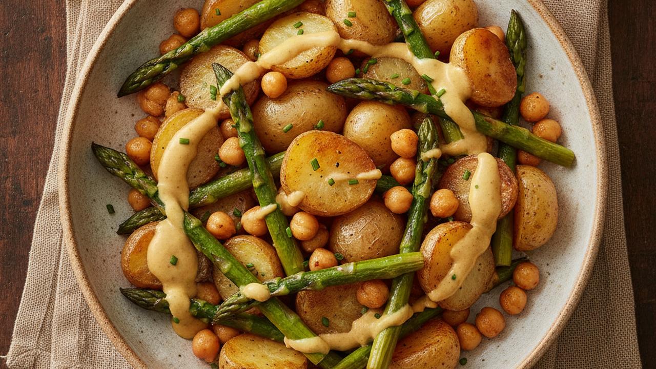 Bol de grelots rôtis, asperges et sauce moutarde