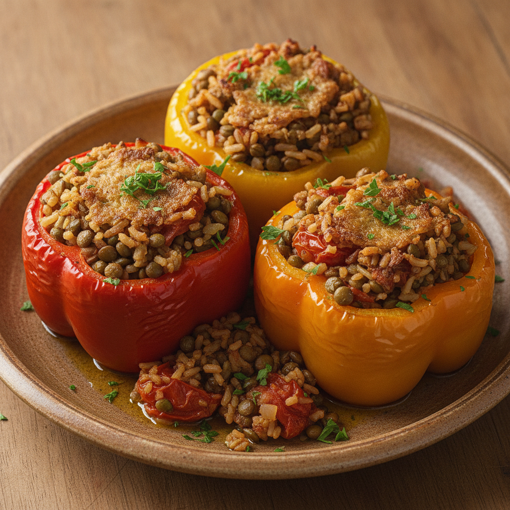 Poivrons farcis au riz brun, lentilles et tomates sur vigne
