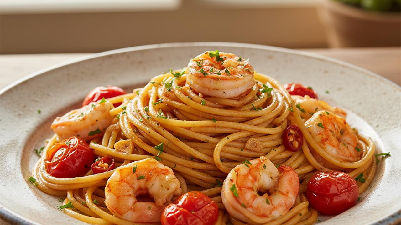 Spaghetti Rummo aux crevettes, tomates et ail