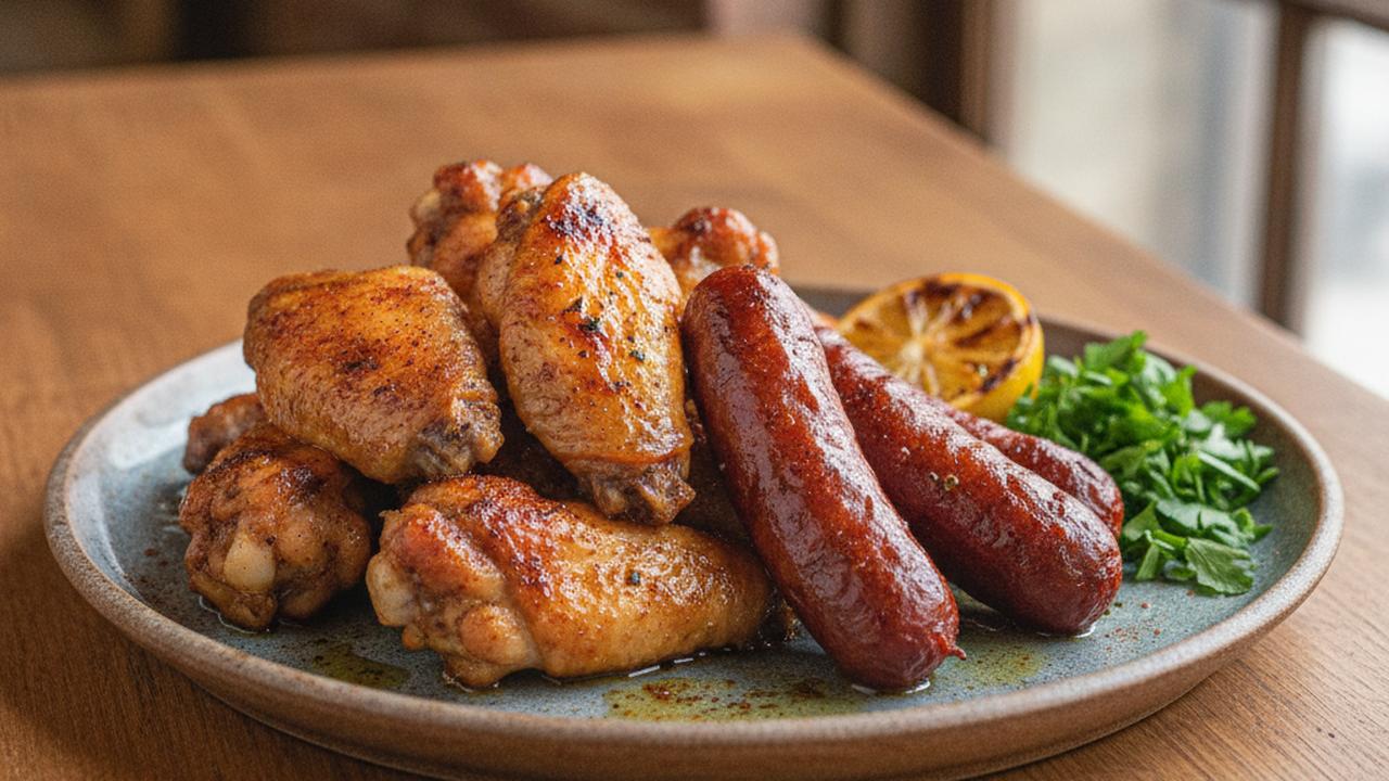 Plateau BBQ: ailes de poulet et saucisses fumées au four