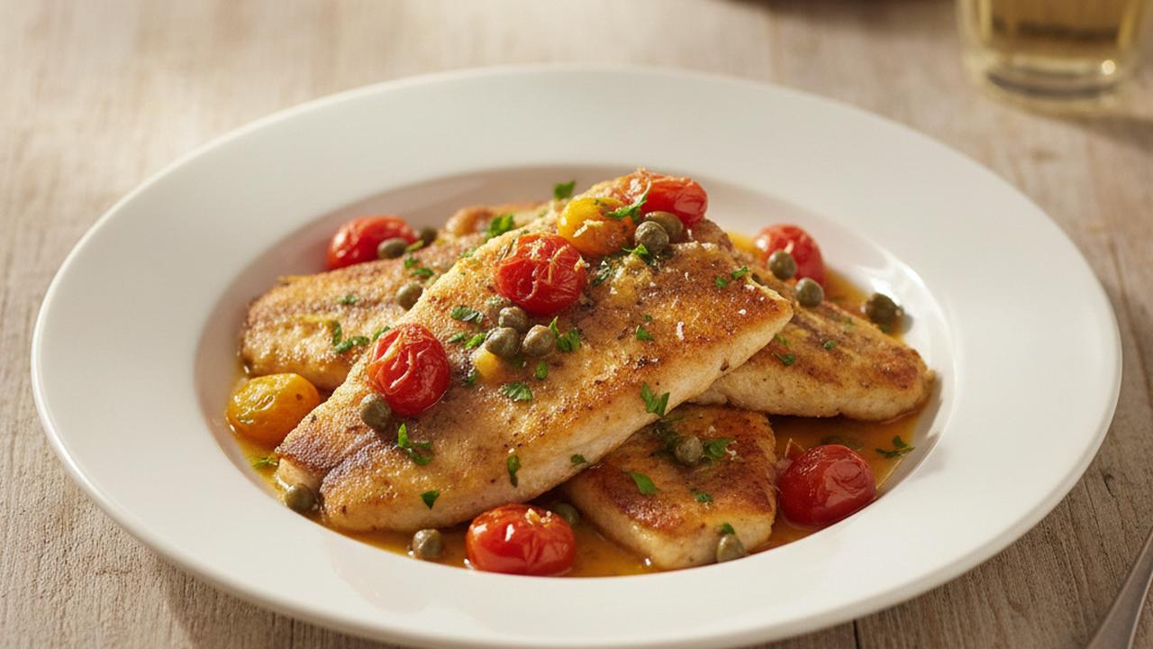 Tilapia poêlé, sauce aux câpres et tomates raisins