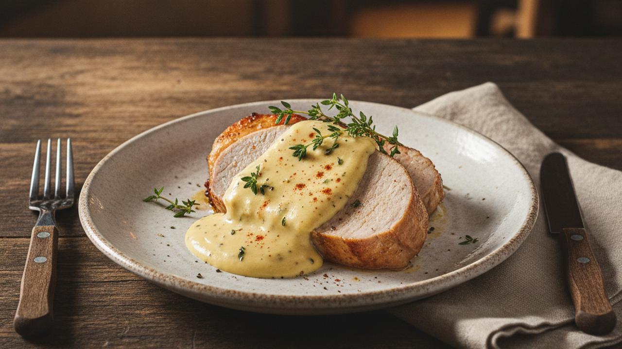 Filet de porc rôti, sauce moutarde crémeuse