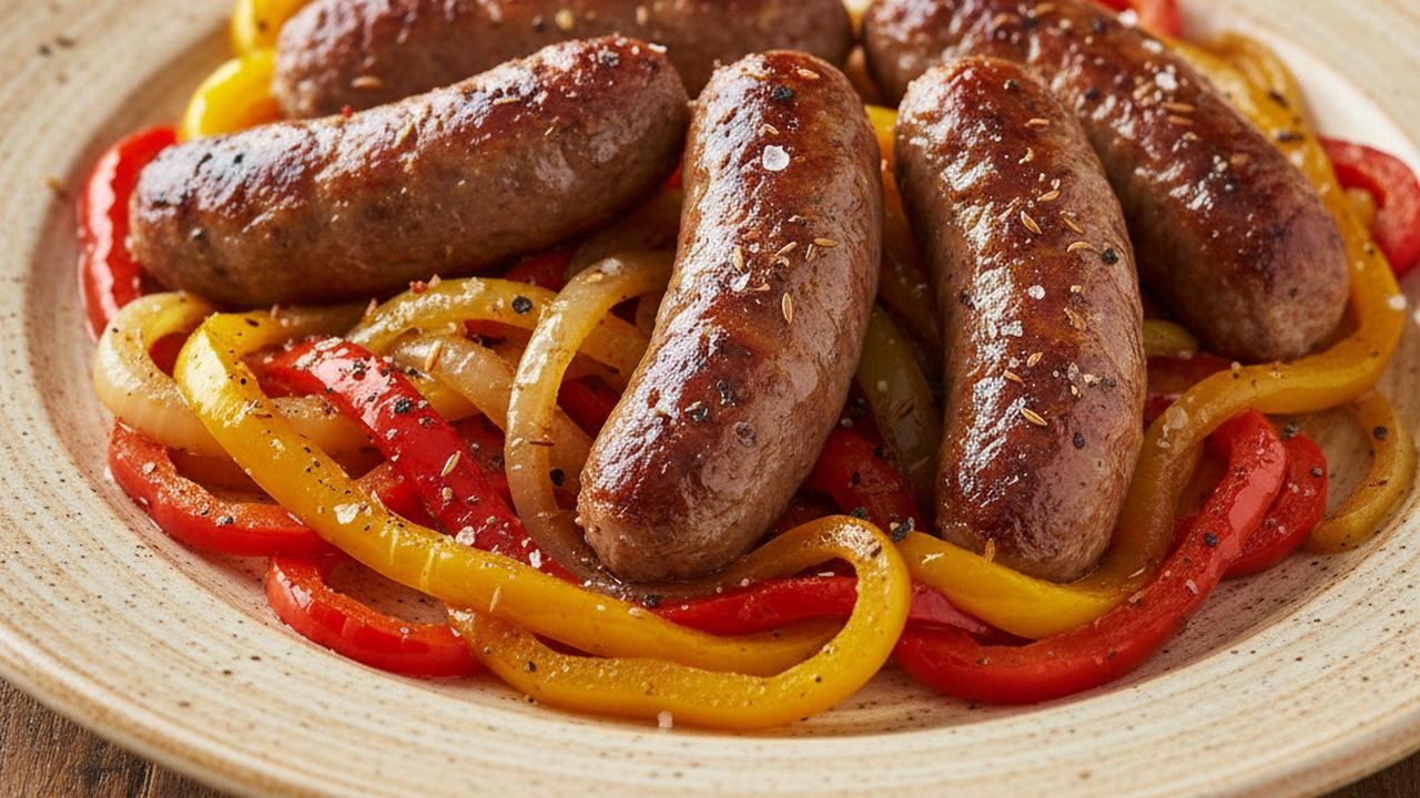 Saucisses merguez d'agneau, poivrons et oignons