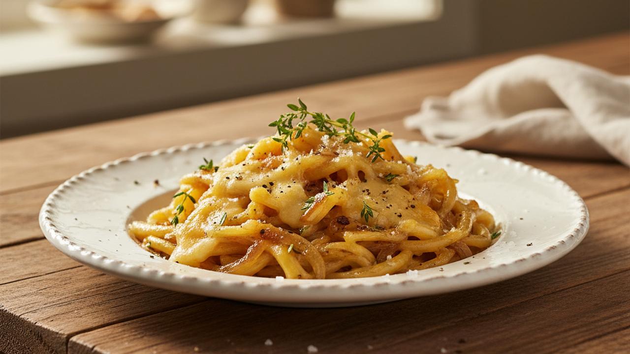 Pâtes Rummo, oignons confits et Oka