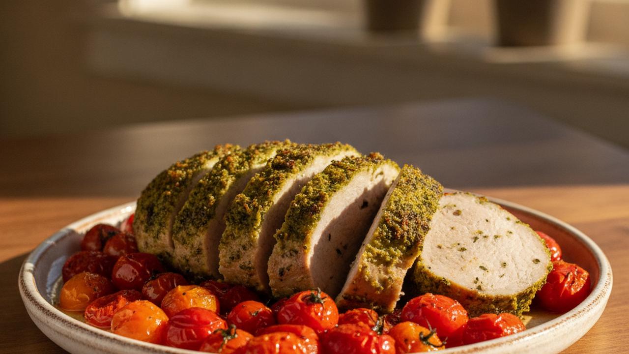 Rôti de longe de porc au pesto et tomates raisins