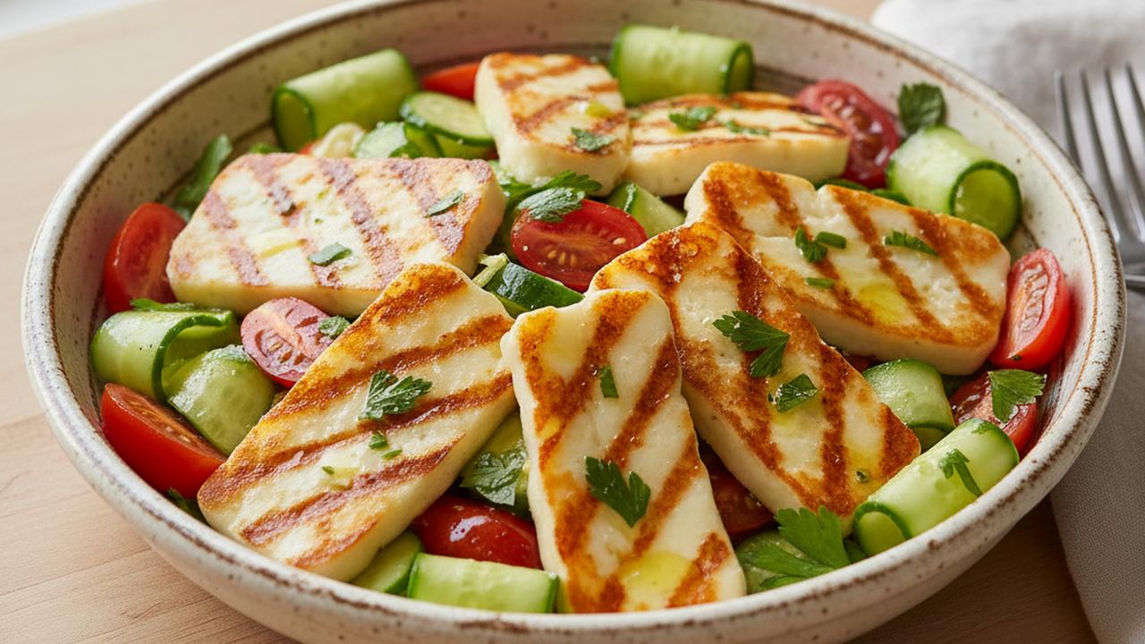 Bol de haloumi grillé, tomates et concombres