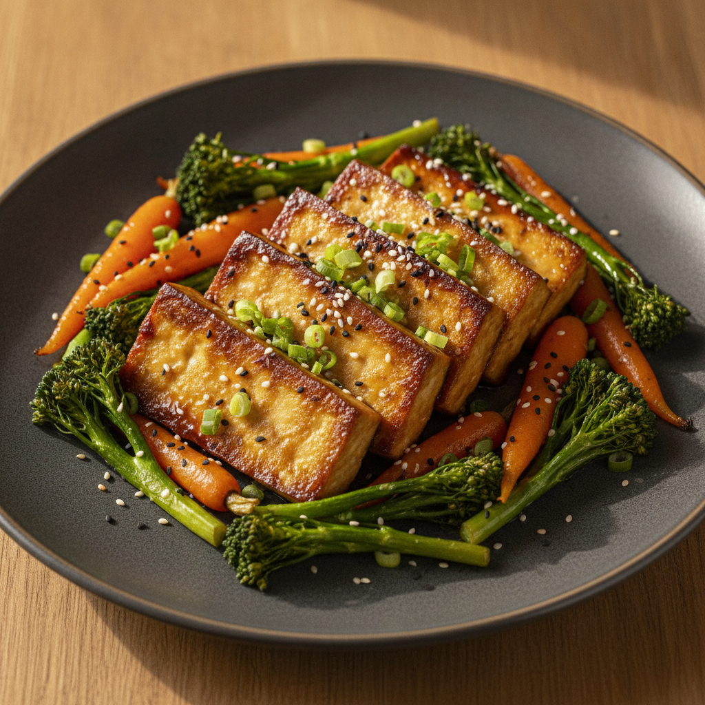 Tofu grillé mariné à l'asiatique, brocoli et carottes