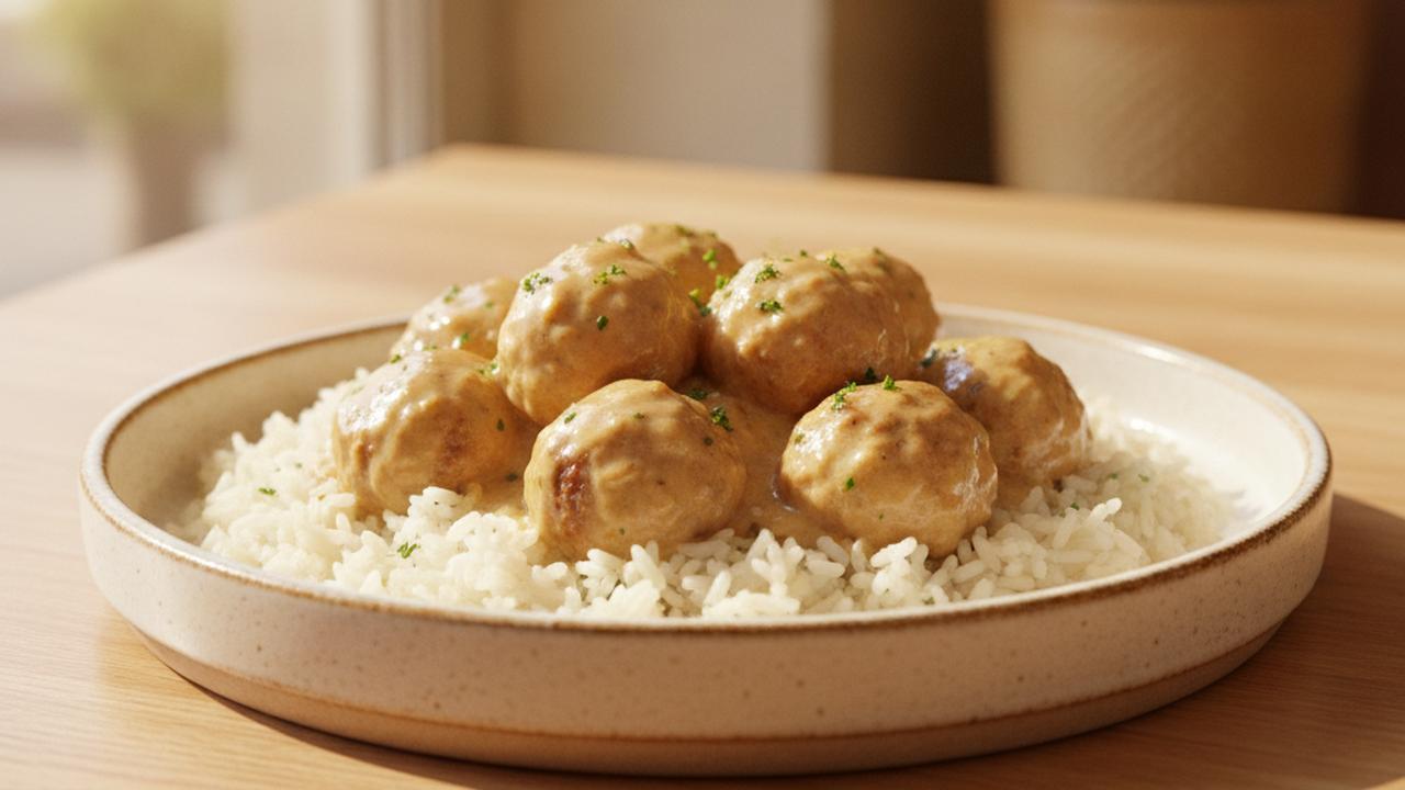 Boulettes de poulet à la crème sur riz