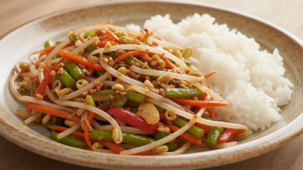 Sauté de germes de haricot et légumes, sauce thaï