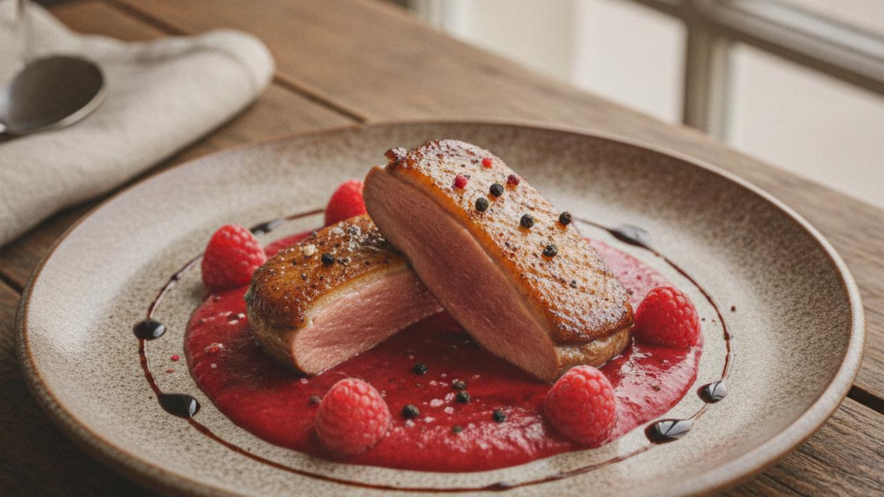 Magret de canard, sauce crémeuse aux framboises
