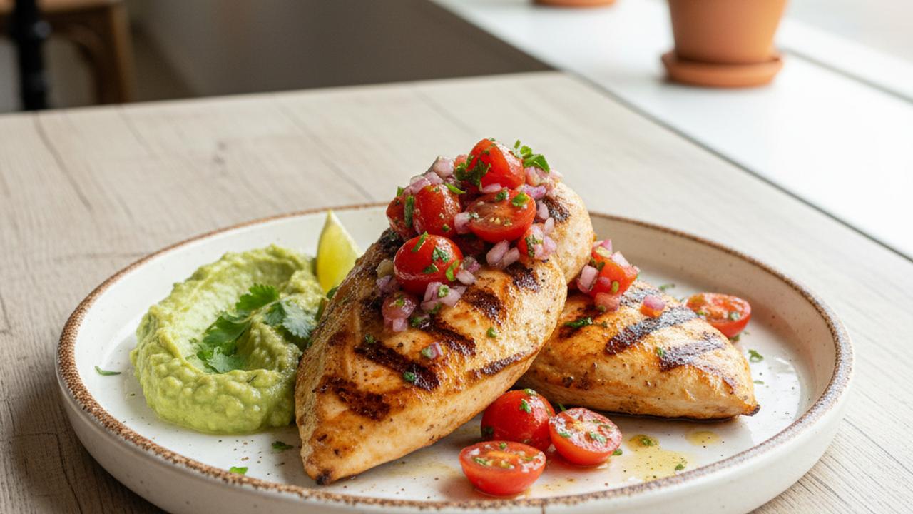 Poitrines de poulet grillées, salsa de tomates raisins et guacamole