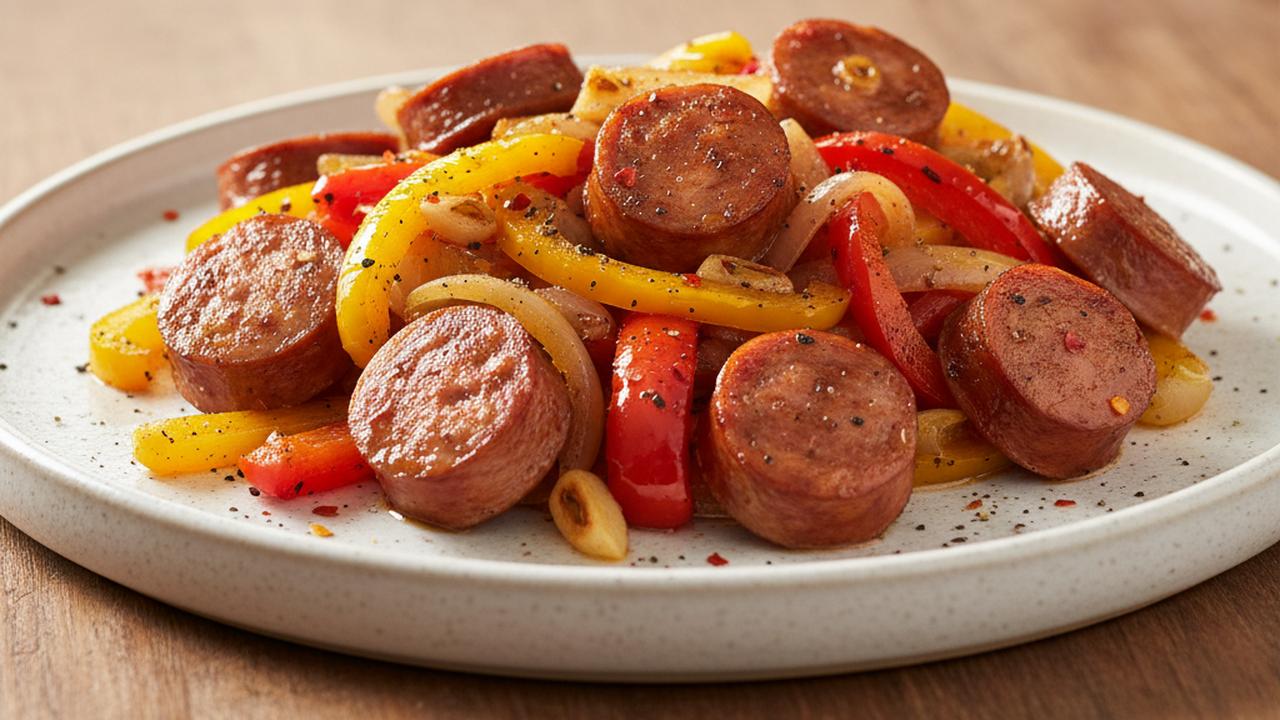 Poêlée de saucisses de poulet, poivrons et oignons