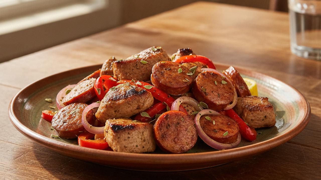Souvlakis de porc grecs et saucisses fumées poêlées