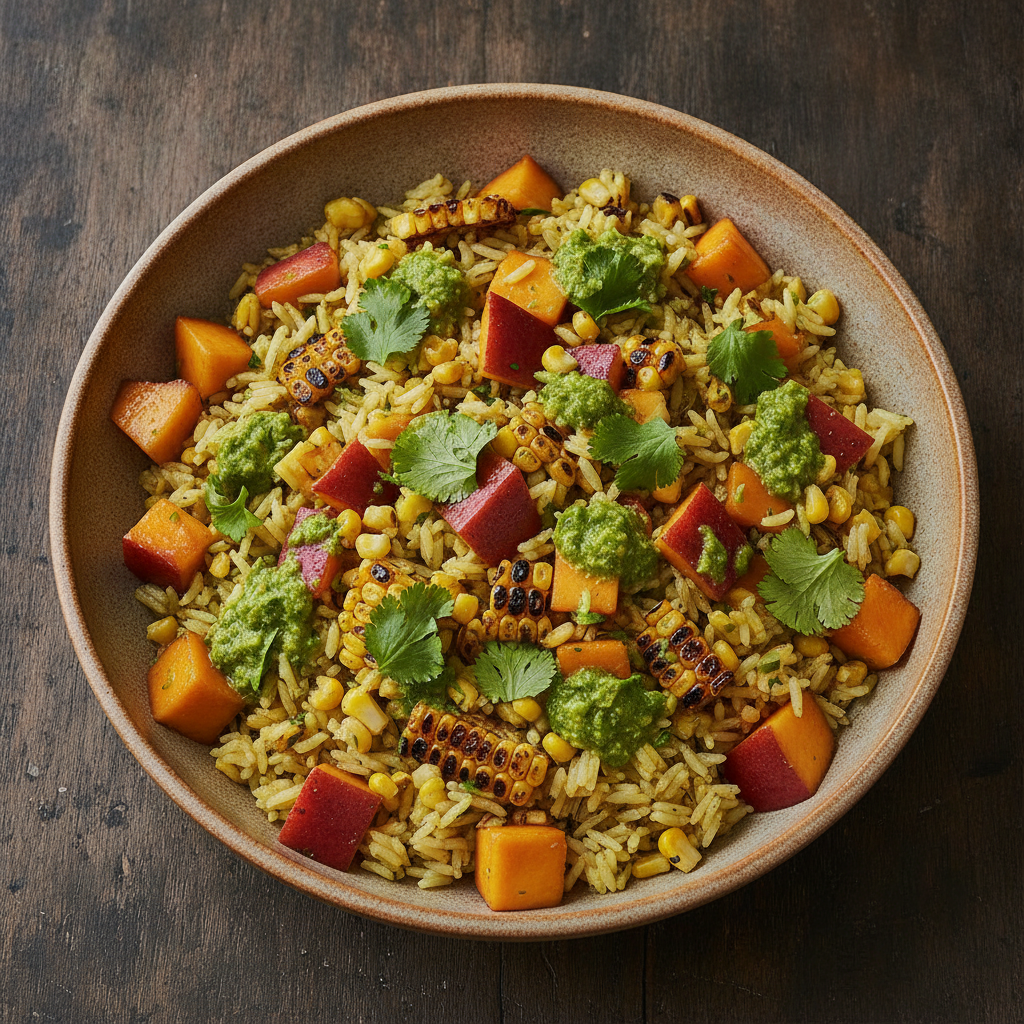 Bol de riz basmati au maïs grillé et mangues rouges