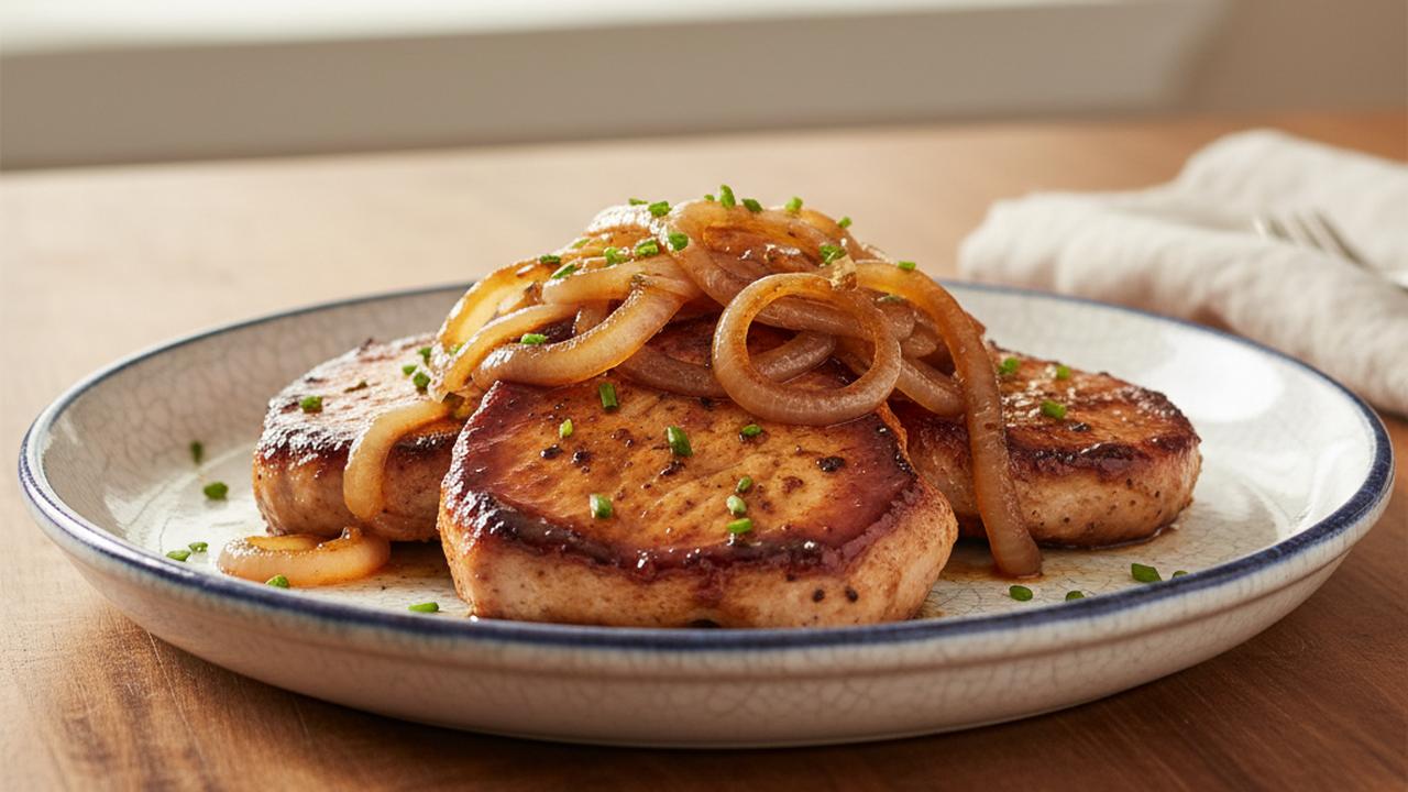 Côtelettes de porc glacées au BBQ et oignons caramélisés