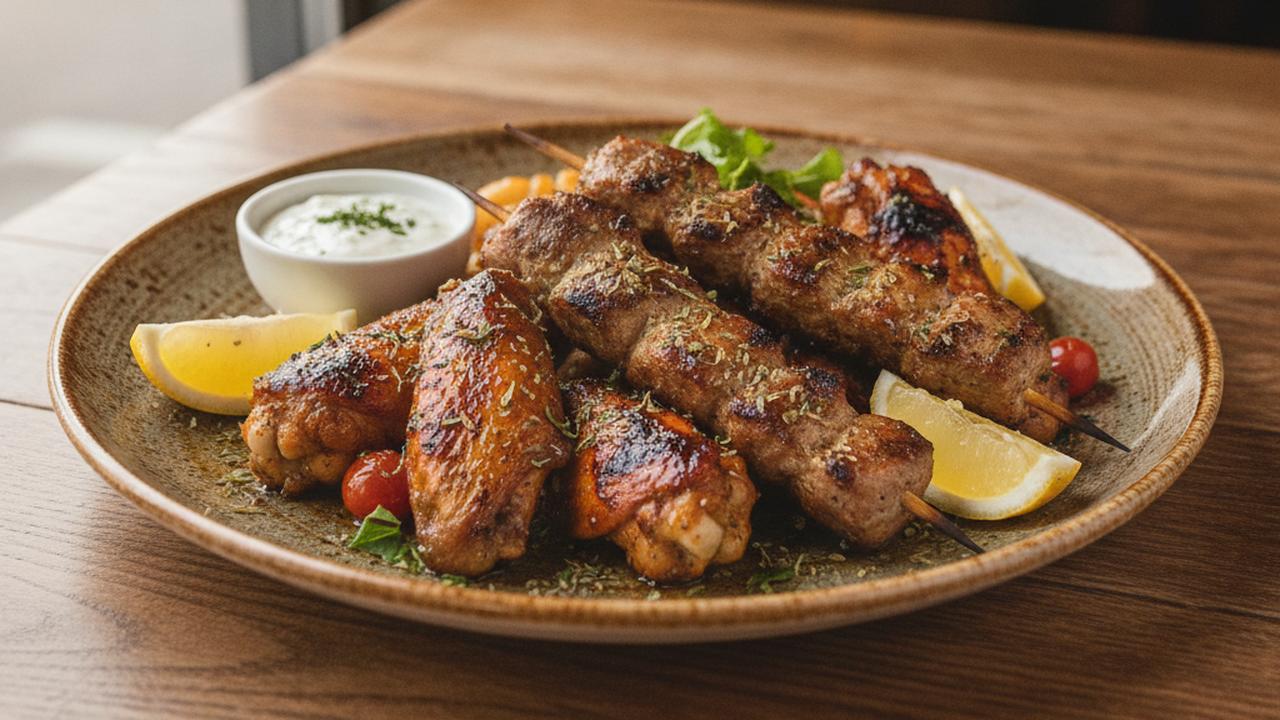 Plateau grec: souvlakis de porc et ailes BBQ