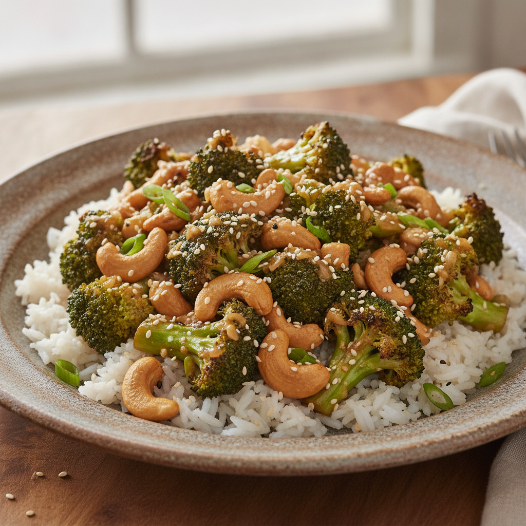 Wok de brocoli et noix de cajou, sauce soya-gingembre