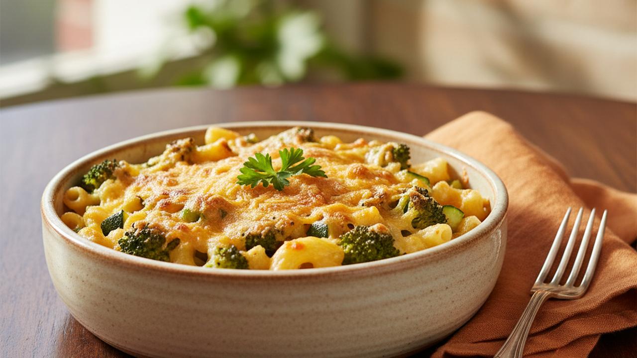Macaroni au fromage gratine aux legumes
