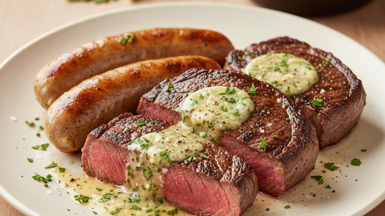 Bavette grillée et saucisses italiennes, beurre aux herbes