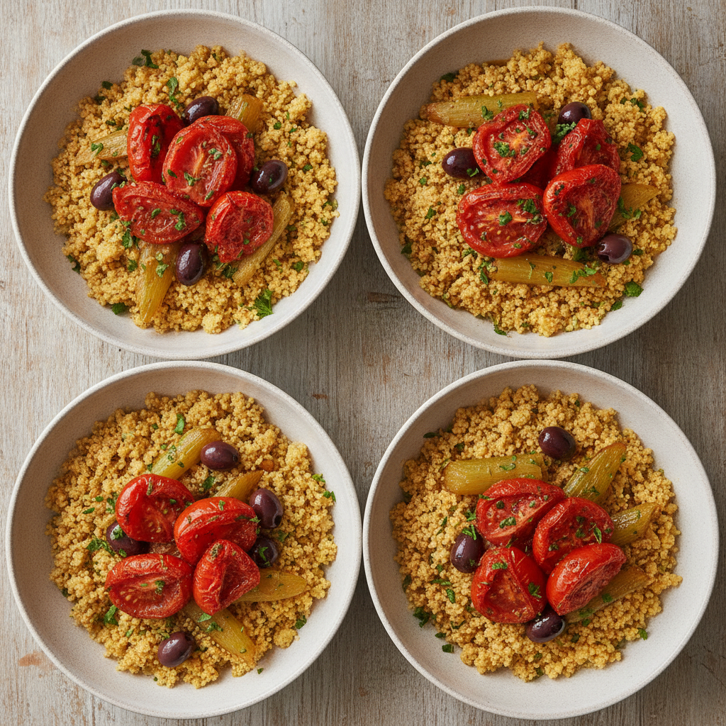 Bol de couscous aux tomates beefsteak rôties et céleri braisé