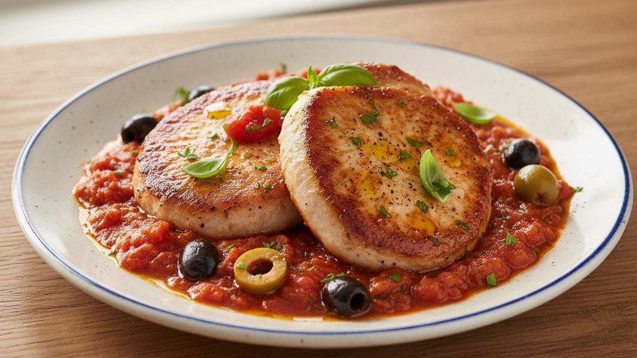 Côtelettes de porc poêlées, sauce tomate et olives