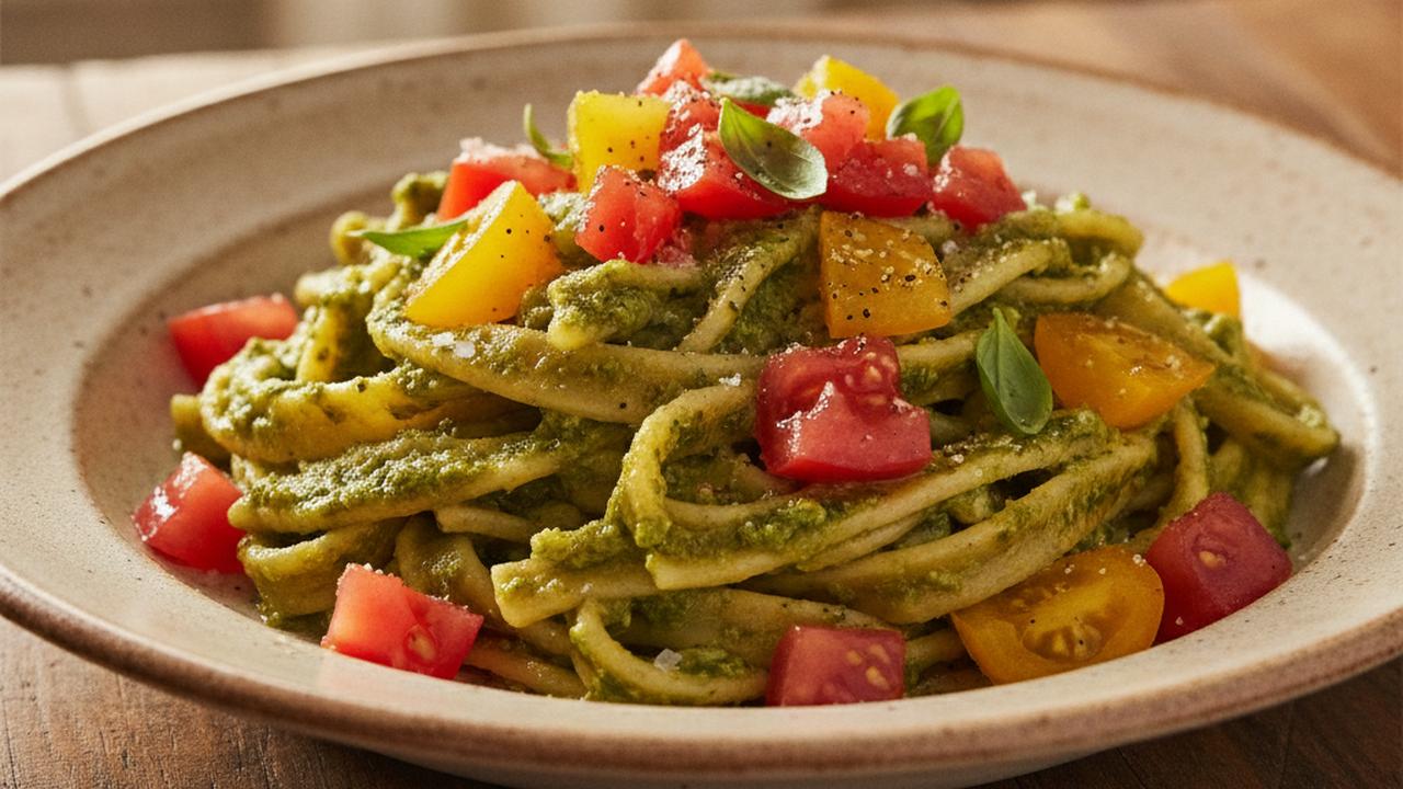 Pâtes fraîches au pesto et tomates beefsteak
