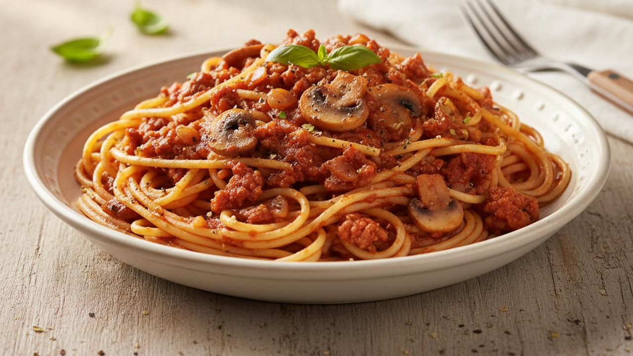 Spaghetti Catelli, sauce bolognaise au porc et champignons