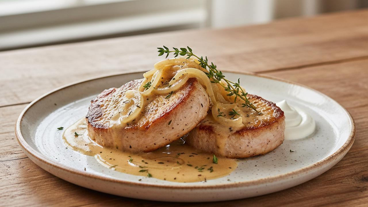 Côtelettes de porc poêlées, oignons et crème