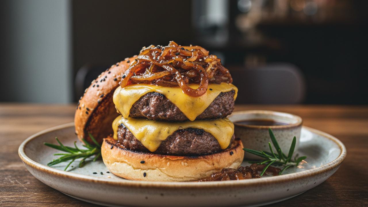 Burgers de boeuf wagyu, cheddar et oignons confits
