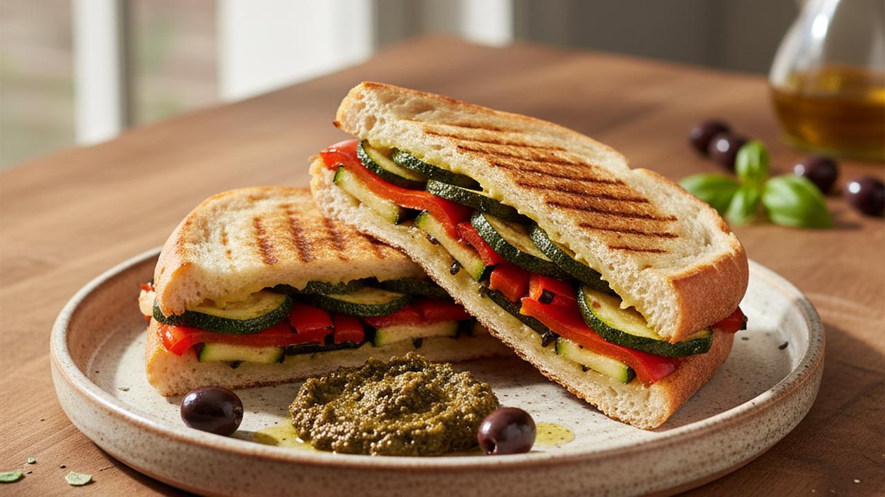 Panini grillé aux légumes et tapenade d'olives