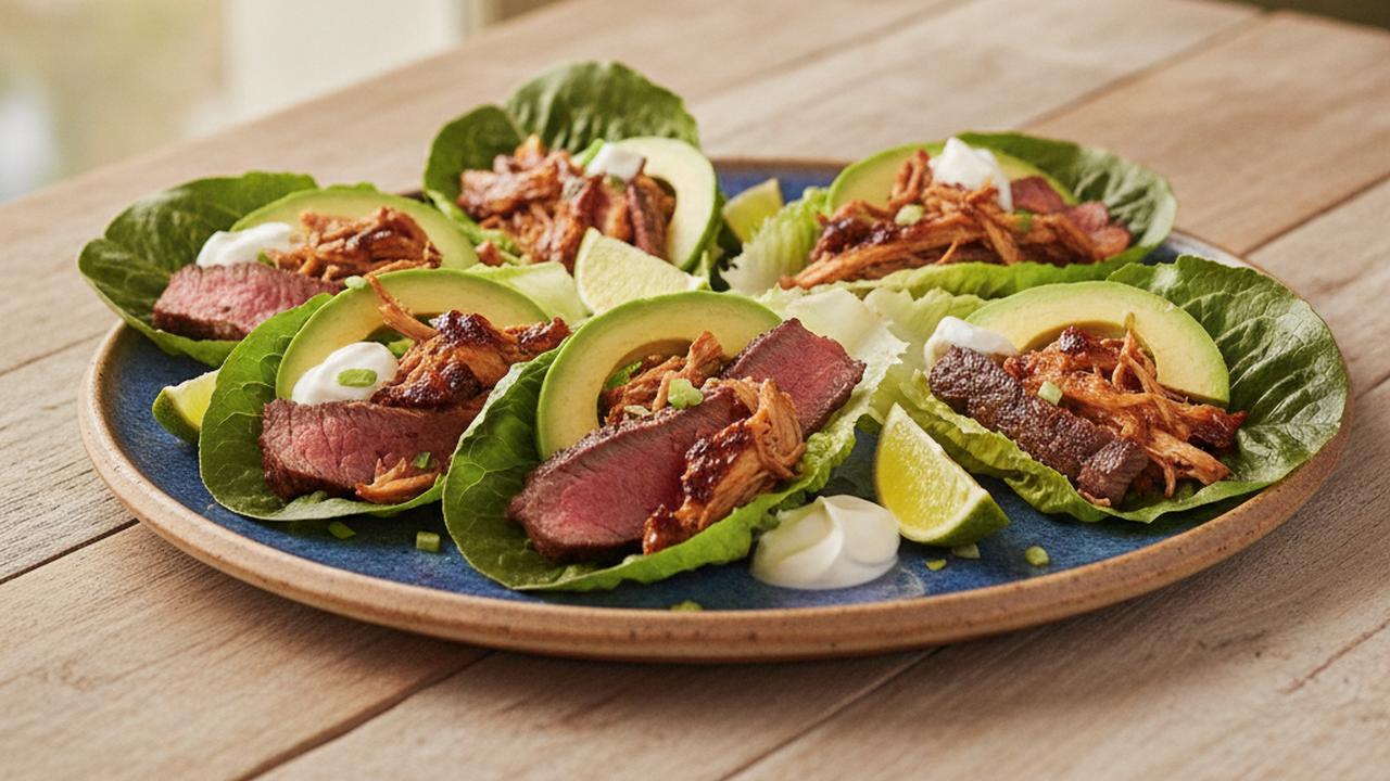 Tacos de laitue à la bavette et ailes BBQ effilochées