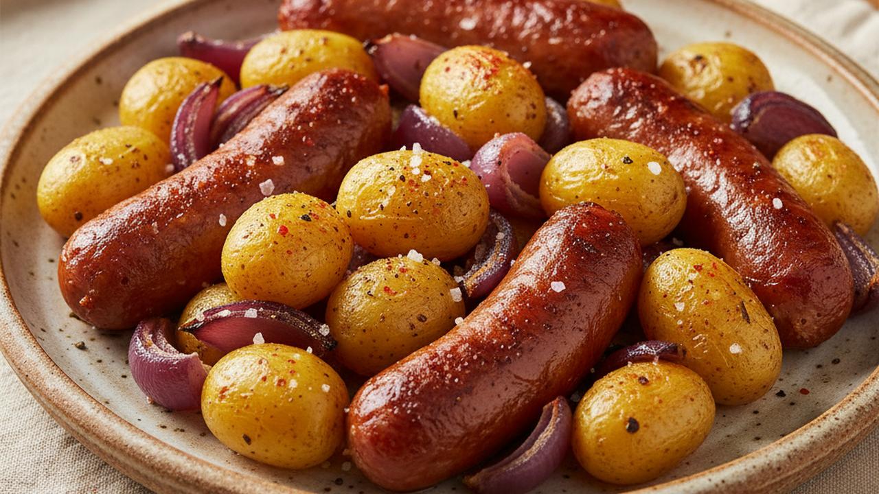 Saucisses fumées et pommes de terre rôties au four