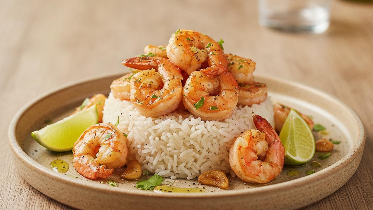 Crevettes sautées ail et lime sur riz basmati