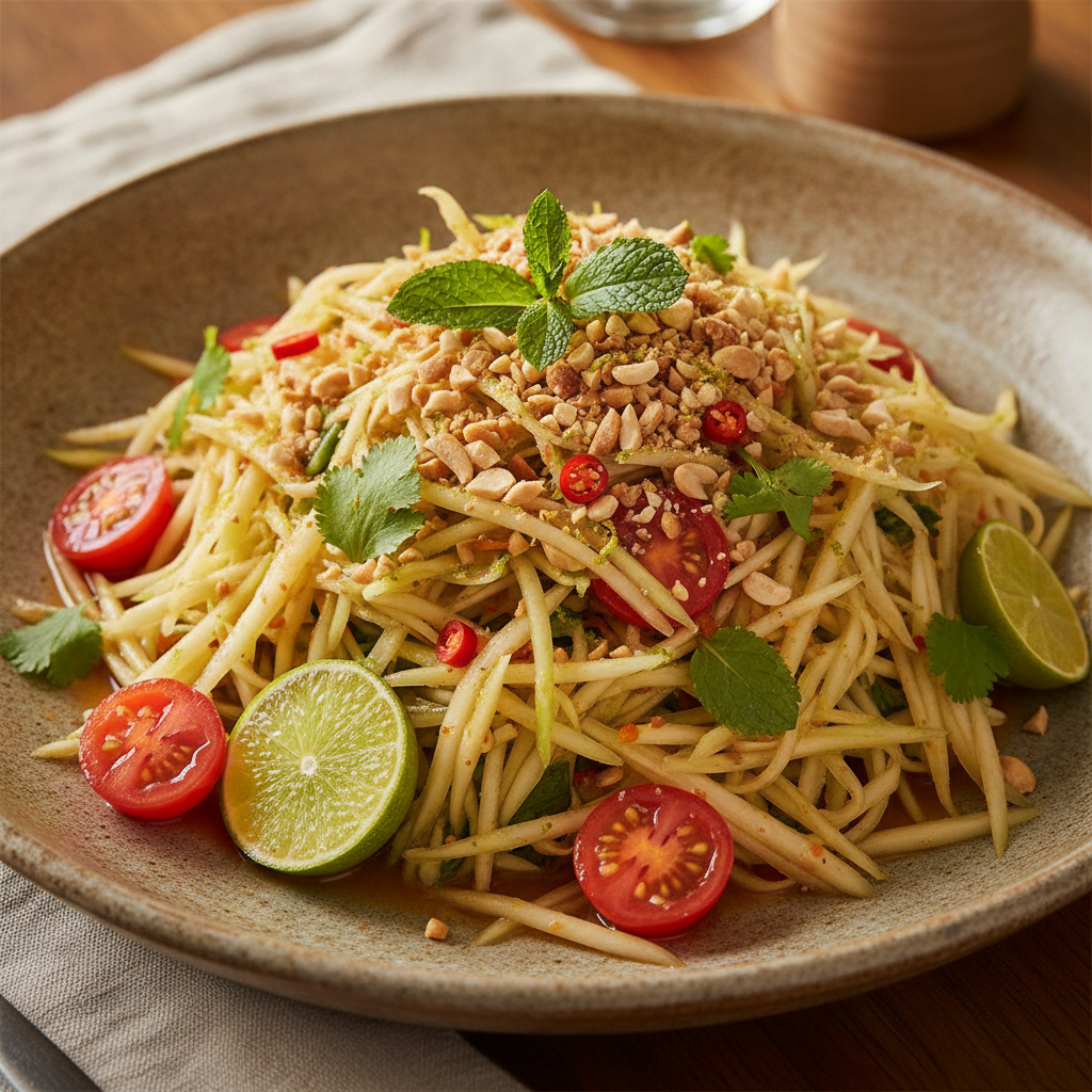 Papaye verte râpée à la thaïe, arachides et citron vert
