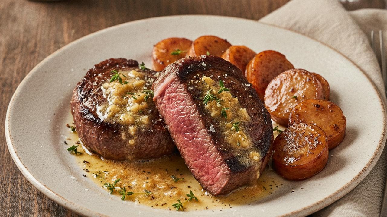 Bavette poêlée au beurre à l'ail et saucisses fumées