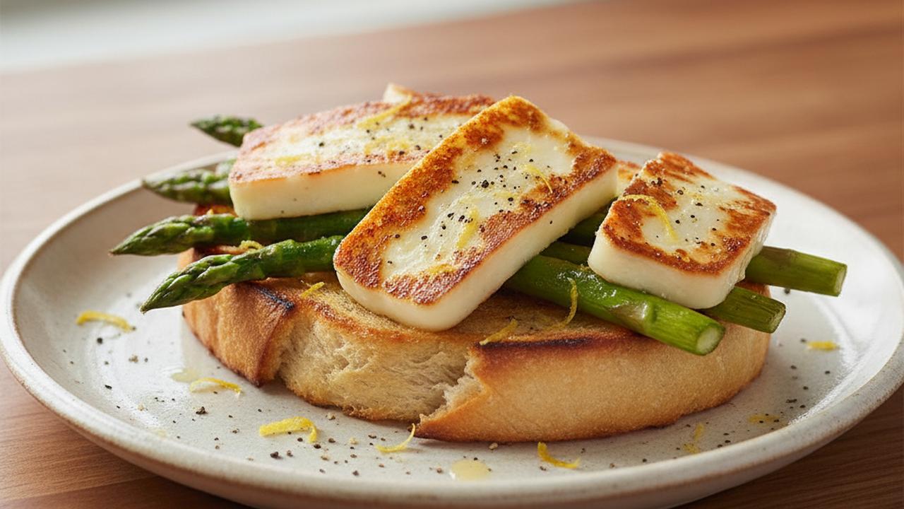 Haloumi grillé et asperges sur pain doré