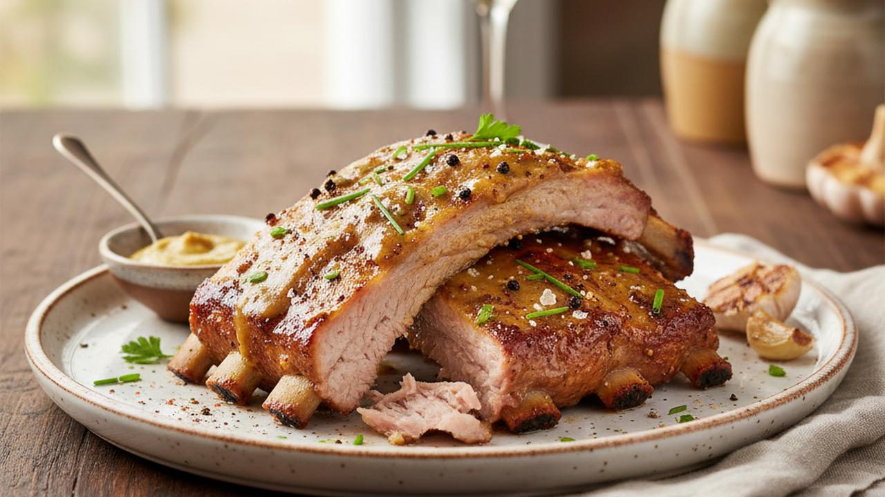 Côtes de dos de porc au four, glaçage moutarde