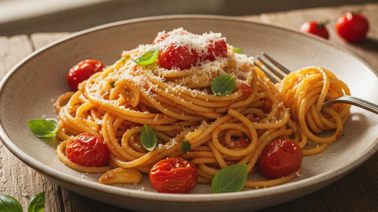 Spaghetti, sauce tomates raisins rôties