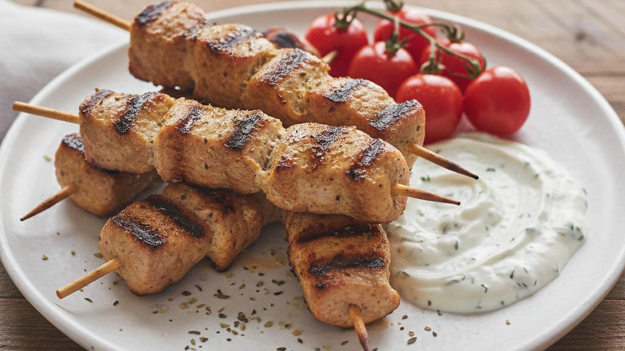 Souvlakis de porc grillés, sauce à l'ail
