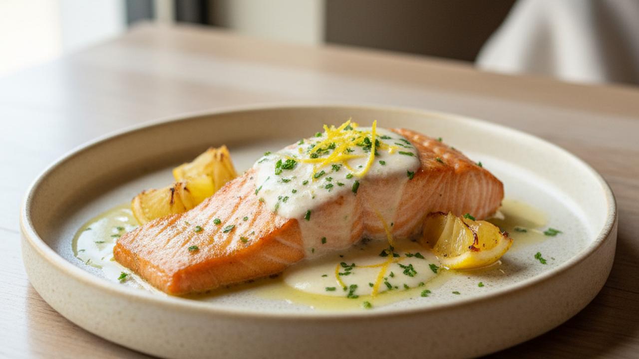 Saumon au four, sauce à l'ail et citron