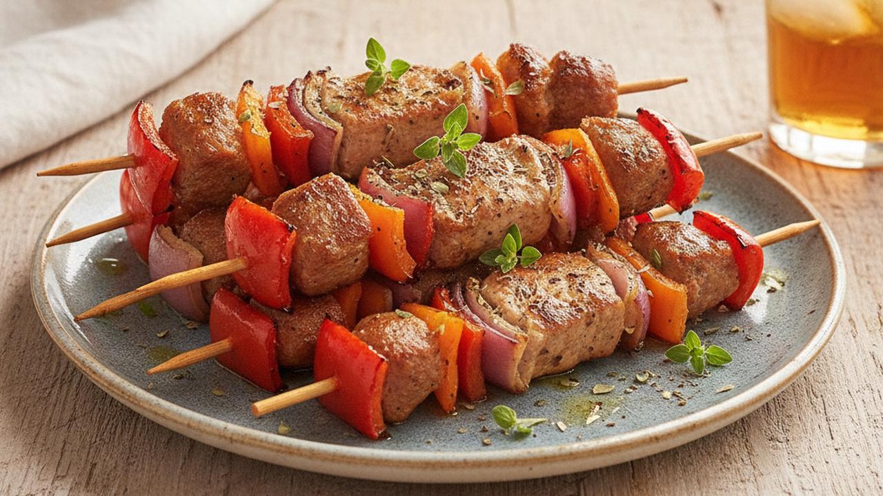 Brochettes de souvlakis de porc et saucisses italiennes