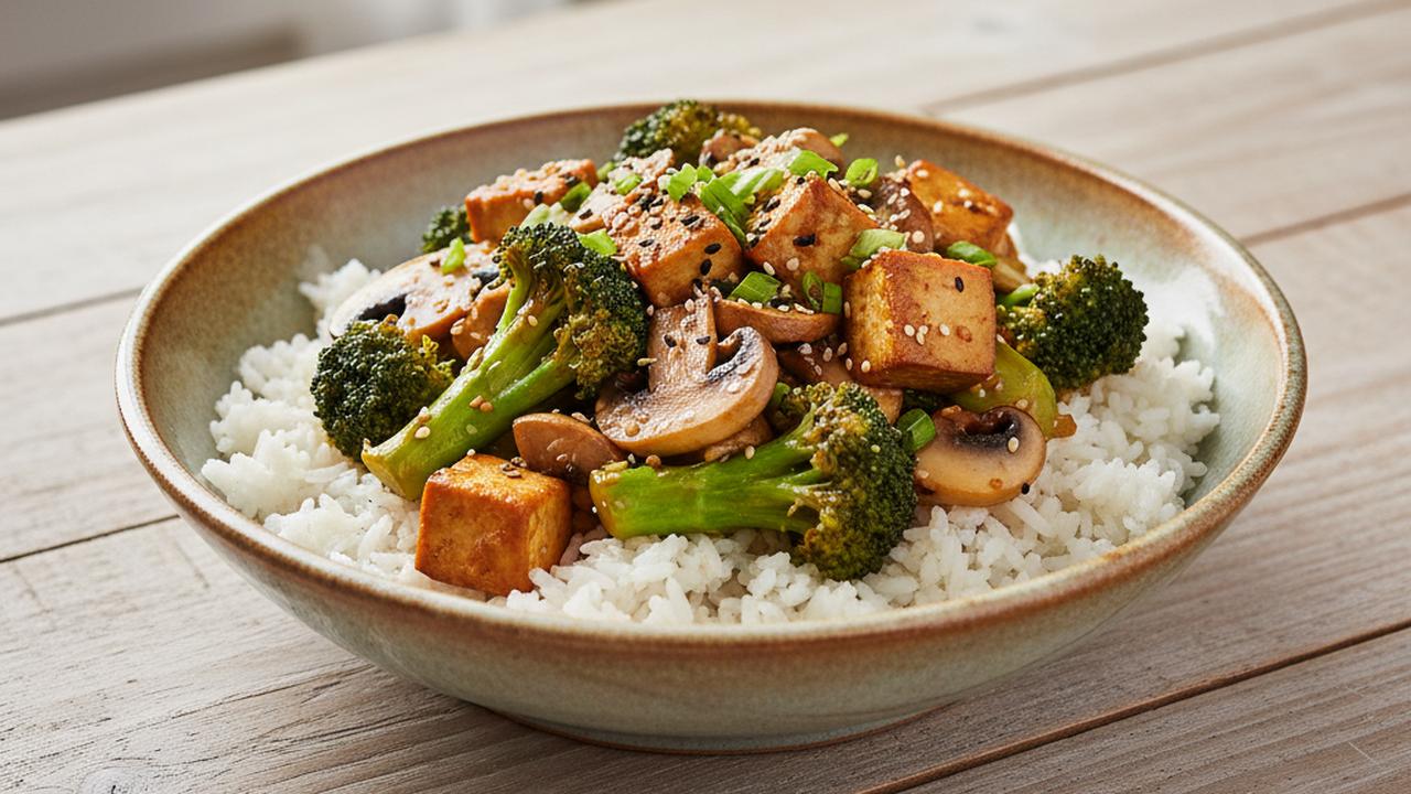 Bol de riz, brocoli et champignons sautés